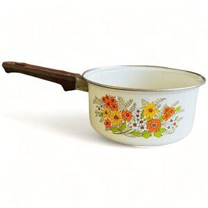 1970s Vintage Groovy Floral Sauce Pot with Handle Enamel Pan FLAWS READ